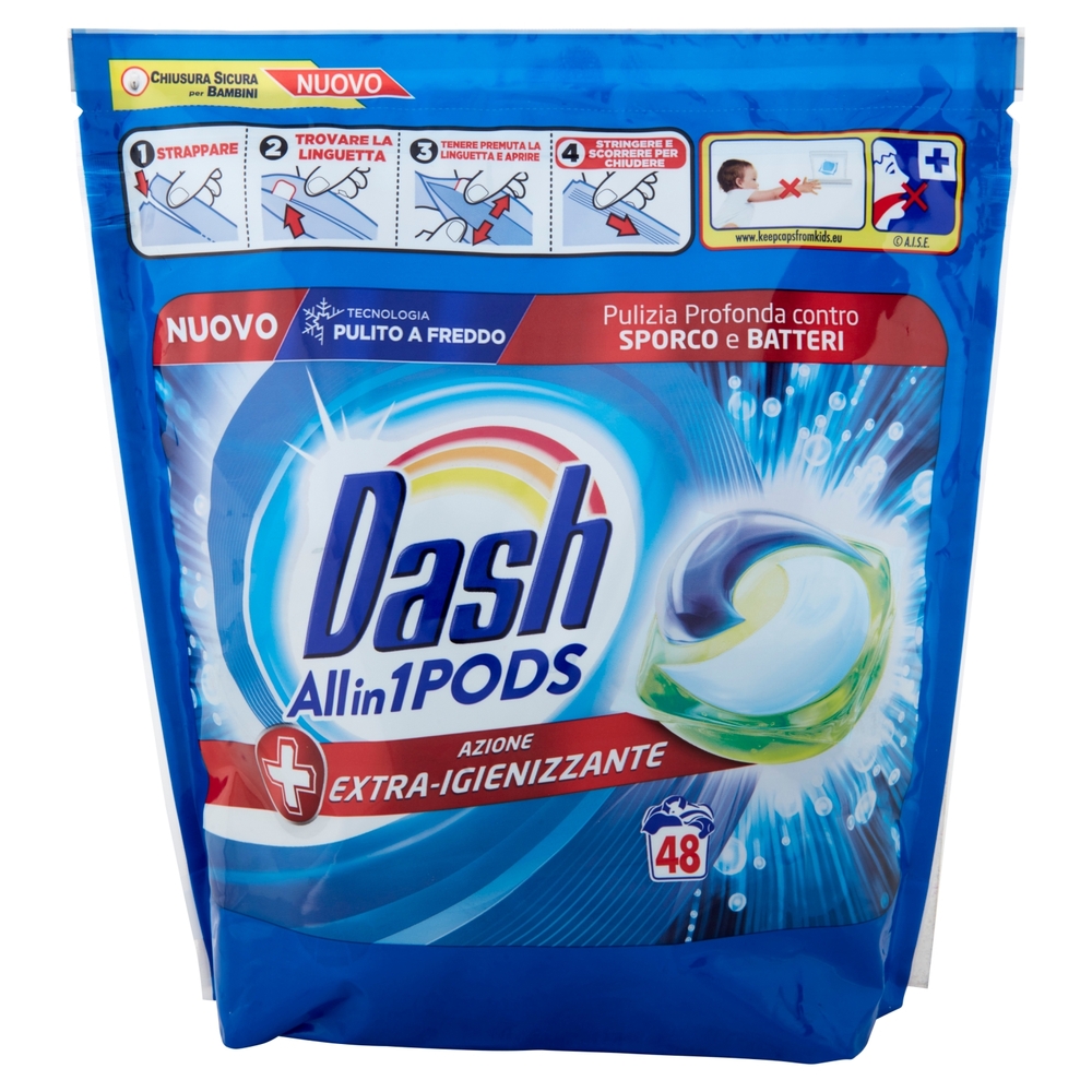 Dash PODS Allin1 Detersivo Lavatrice Capsule Bucato + Azione Extra-Igienizzante 48 Lavaggi 1305,6 g